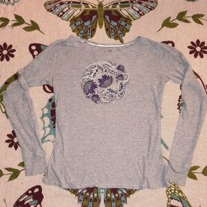 Gray Lucky Tees Long Sleeve Floral Embroidered Top